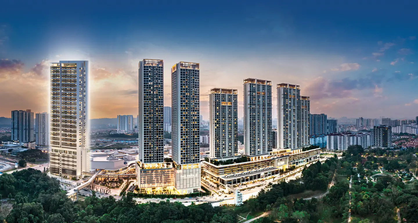 Park Green Bukit Jalil twin freehold towers illuminated at dusk beside Pavilion Bukit Jalil Mall