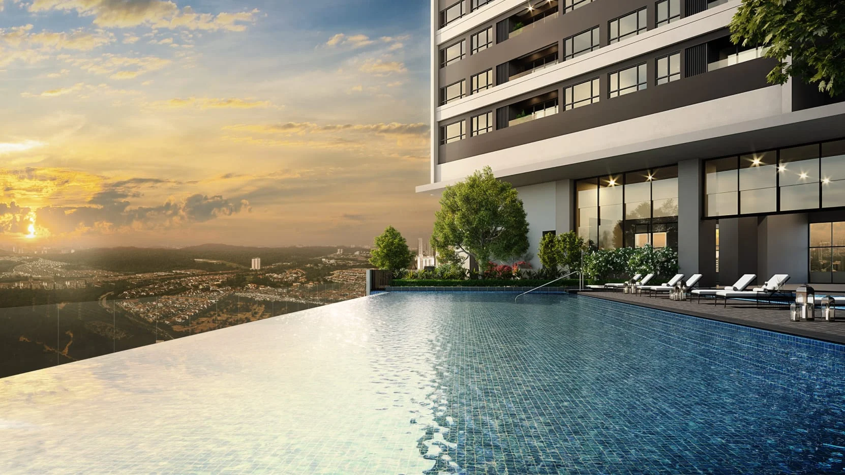 Horizon-view swimming pool on Park Green facility deck with open skyline